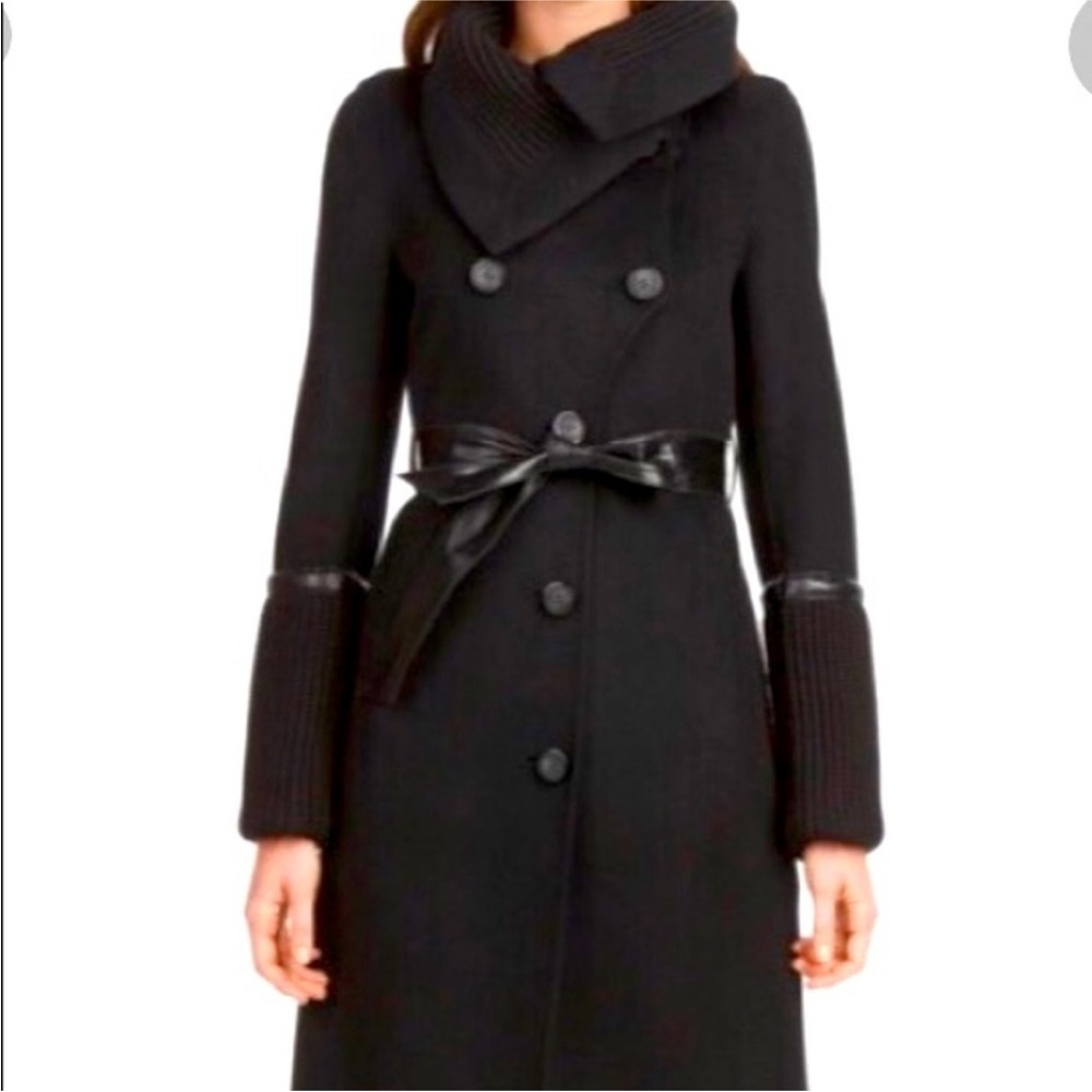 Mackage Black Wool Blend Mid-Length Jacket Leather Detail Womens XS Belted Chic